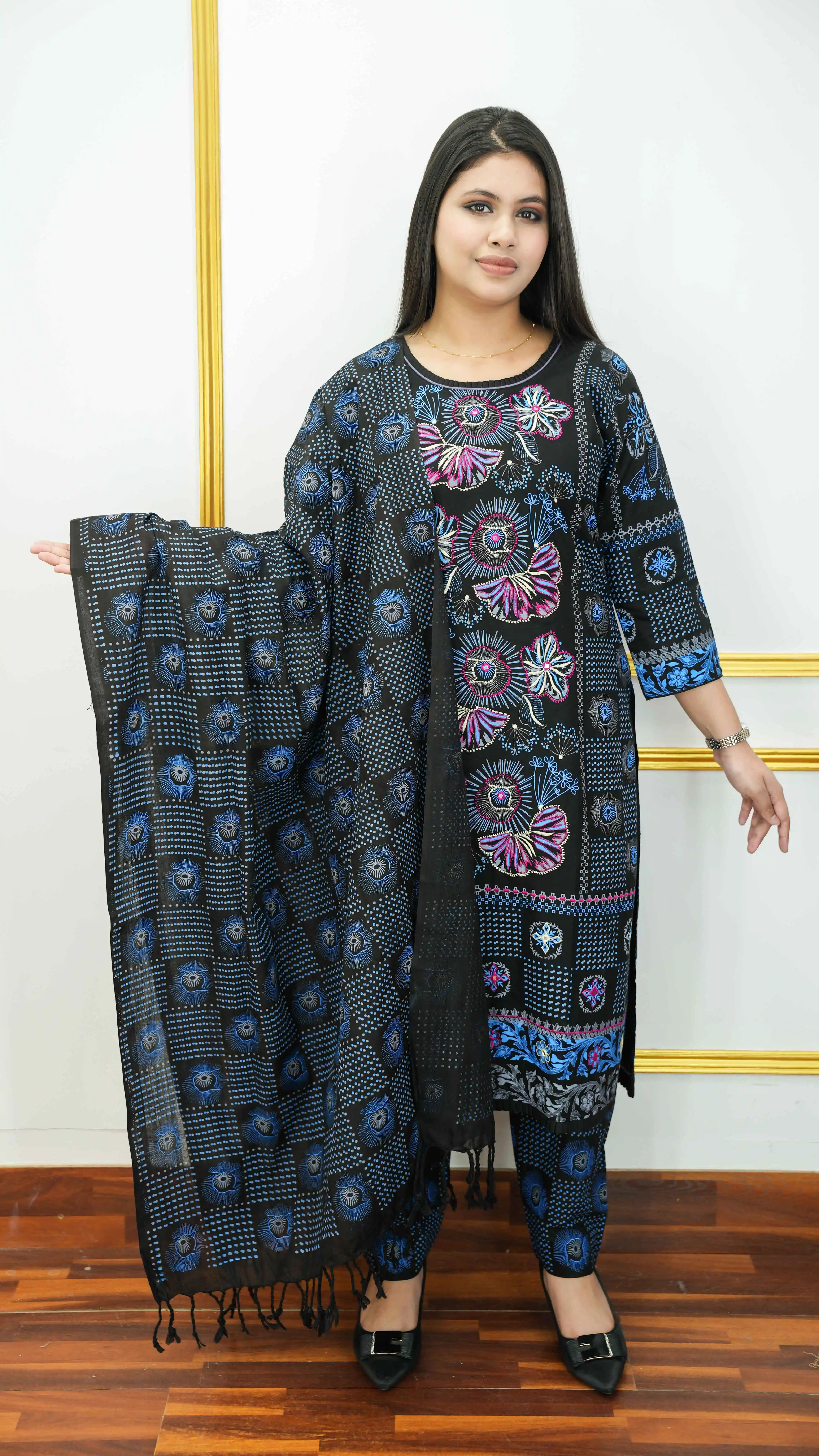 Luxury Cotton Ready Three Piece Block Print Suit with Dupatta
