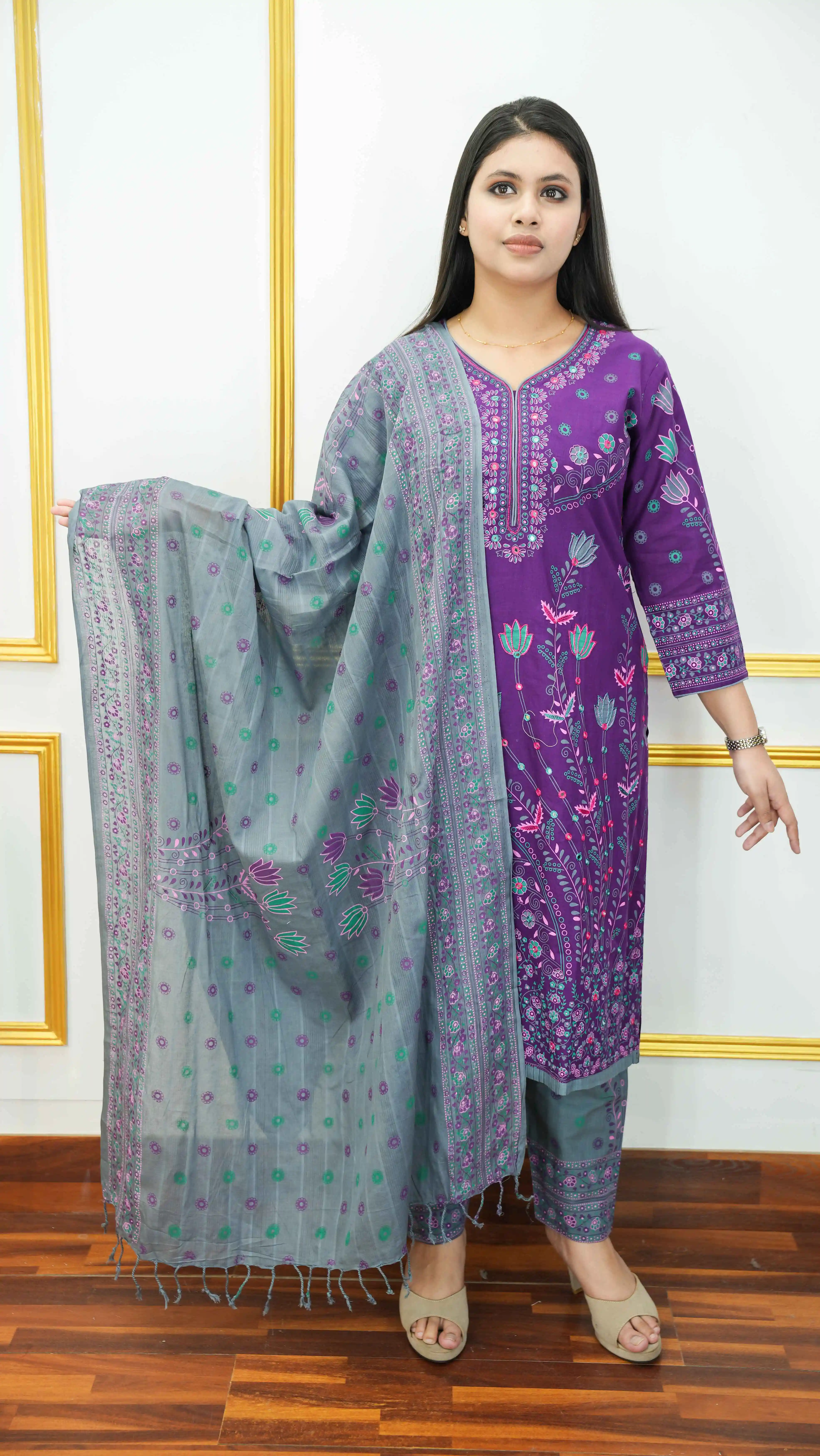 Luxury Cotton Three Piece Floral Print Suit Grey Dupatta
