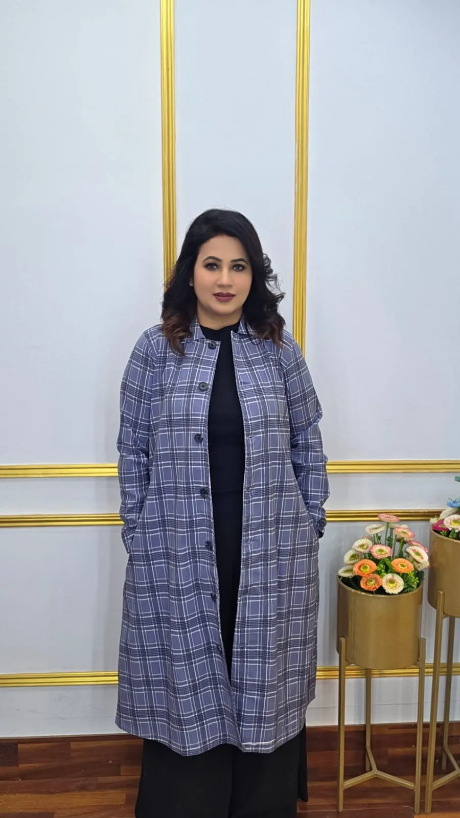 Women’s Long Check Blazer with Shirt-Style Collar